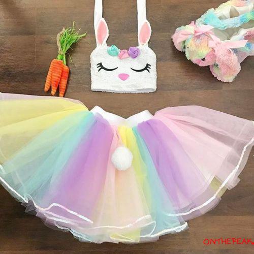 Bộ trang phục áo và chân váy xòe sọc cầu vồng thiết kế thỏ hoạt hình dễ thương cho bé gái