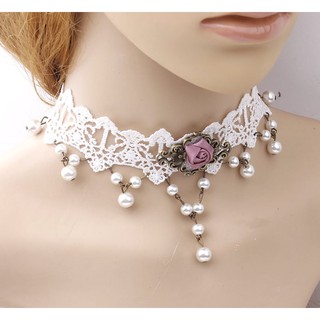 Vòng cổ nữ choker ren trắng đính bông hồng ruốc xinh xắn
