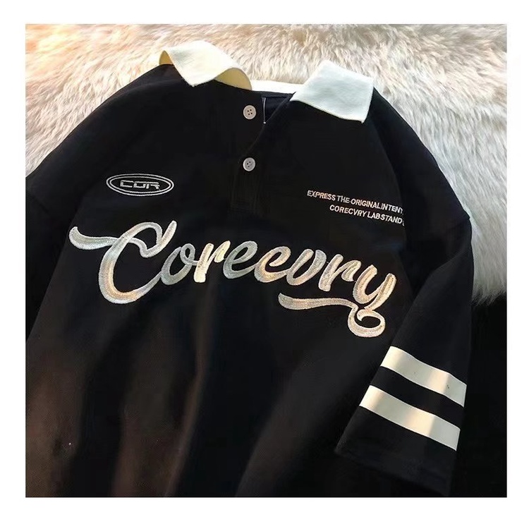 Áo thun polo tay lỡ unisex chất cotton cá sấu mềm mát, thêu chữ CORECURY