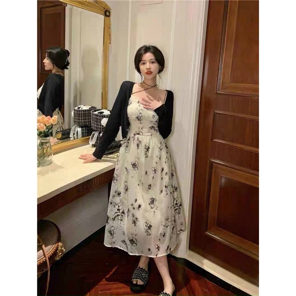 SET ĐẦM MIDI 2S BÚN HOA NUDE CỘT EO +  KHOÁC ĐEN