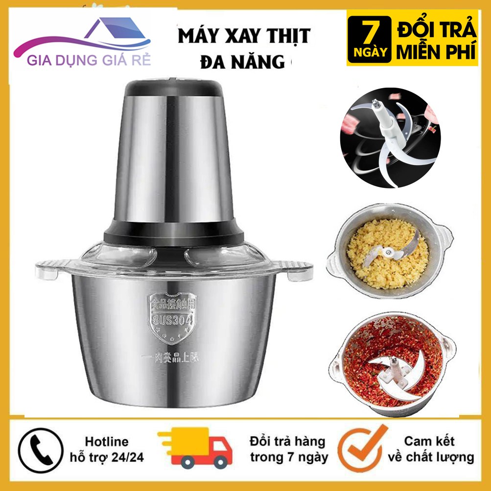 Máy xay đa năng, máy xay thịt rau củ quả gia vị cối inox 4 lưỡi đa năng công suất 250W dung tích 2L