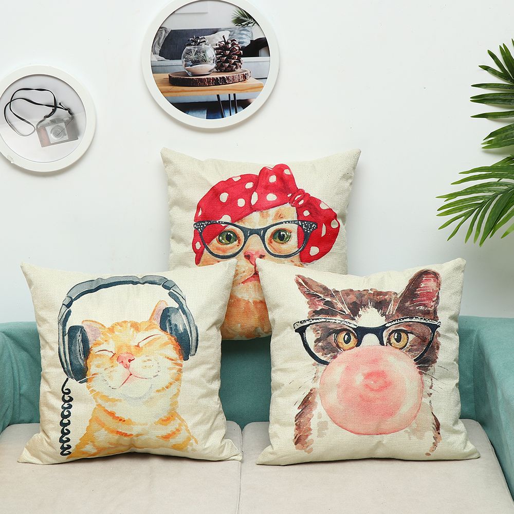 ❤LANSEL❤ Sofa Cushion Cover Home Decoration Pillow Case Pillowcase Cute Cat Children Room Pet Animal Print Linen Lovely Pillow Covers