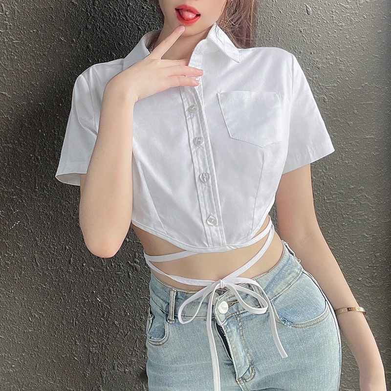 Áo sơ mi croptop nữ tay ngắn JUNEST dây buộc eo cổ đức cài khuy So Cute SMBE01 | BigBuy360 - bigbuy360.vn