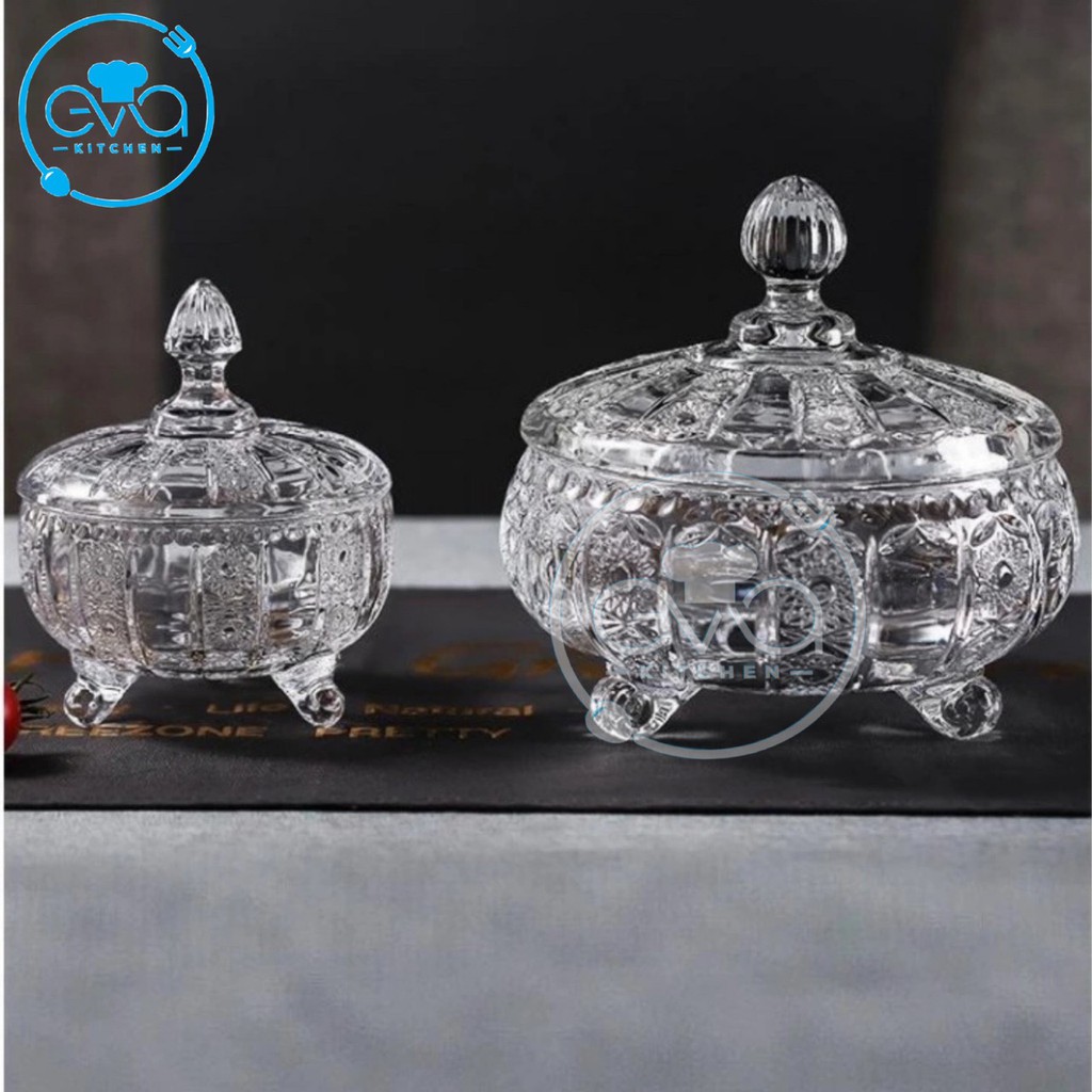 Bộ 2 Thố Mứt Thuỷ Tinh Pha Lê 3 Chân Hoạ Tiết Hoa Nổi Lớn Và Nhỏ Phong Cách Royal Sang Trọng