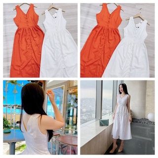 Sp 1192❤️váy maxi sát nách ,cúc bọc, cổ v cam- trắng -có buôn sỉ