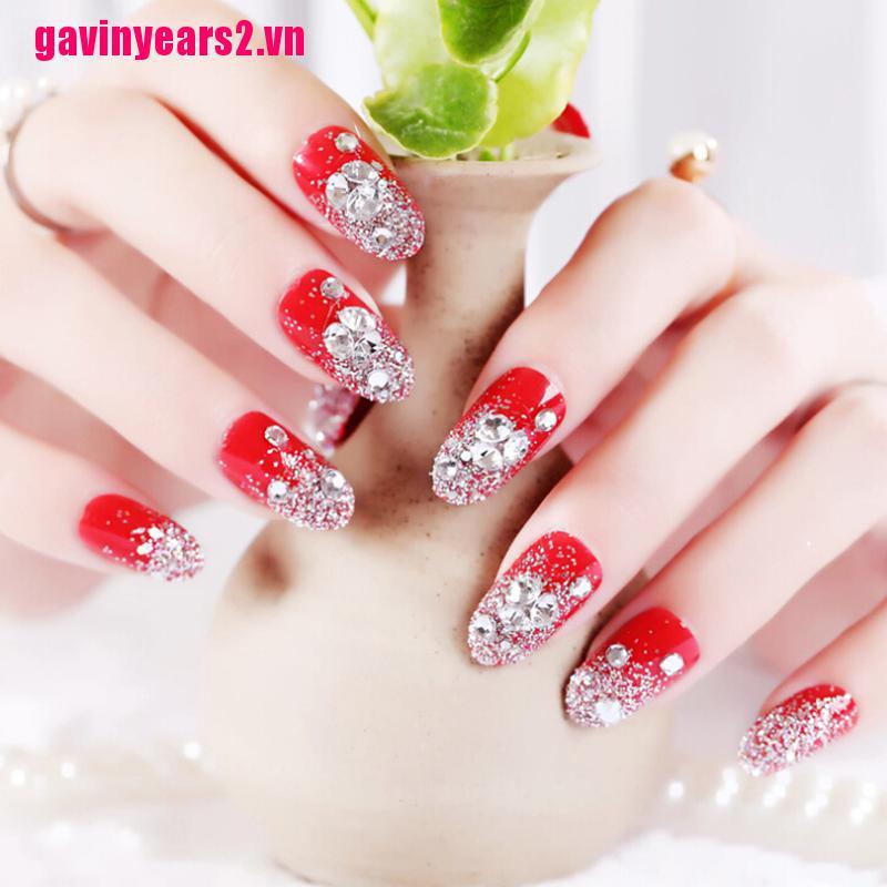 Set 24 Móng Tay Giả Hình Tròn Màu Đỏ Bằng Acrylic