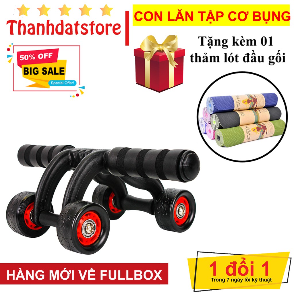 Con Lăn Tập Bụng 4 Bánh Đa Năng Tại Nhà + Tặng kèm thảm tập đệm mút 💥SIÊU HOT 💥