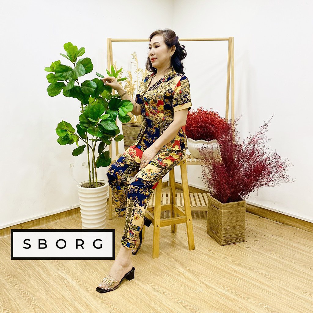 Bộ mặc nhà trung niên SBORG pijama nữ chất lụa hongkong cao cấp tay ngắn quần dài có túi bigsize từ 50-75kg quà tặng mẹ