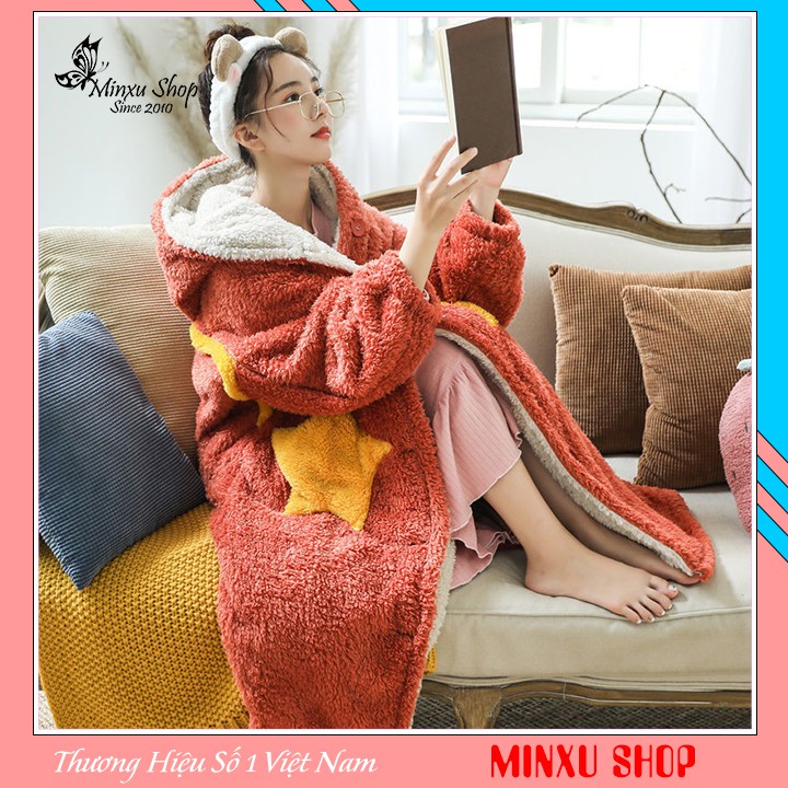 Váy ngủ đầm ngủ mặc nhà băng lông, váy choàng dài tay lông cừu dày dặn, mềm mịn, có mũ siêu kute, phong cách Hàn Quốc