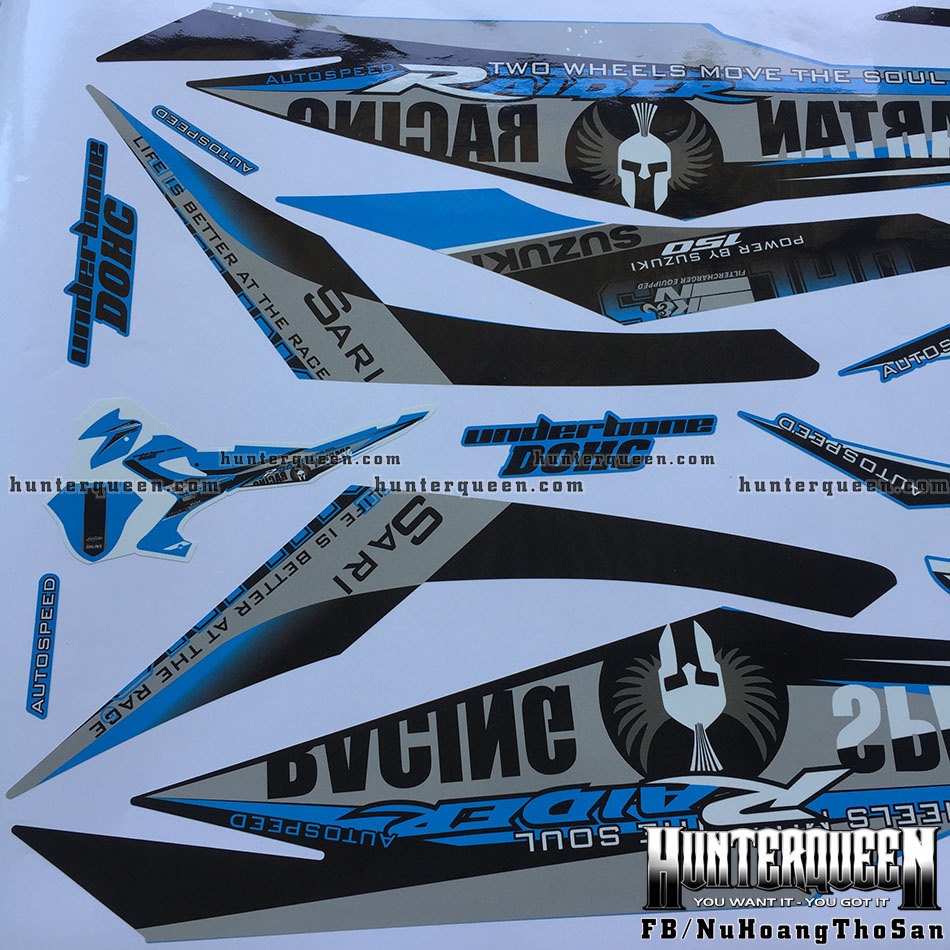 Tem rời dán xe Raider Xăng Cơ màu xanh ngọc. Decal cao cấp không bay màu. Chủ đề Spartan
