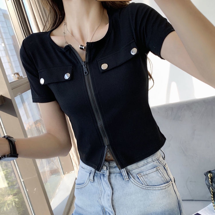 Áo Thun Cotton Ngắn Tay Ôm Dáng Phối Khóa Kéo Thời Trang Hàn Quốc Cho Nữ S2021