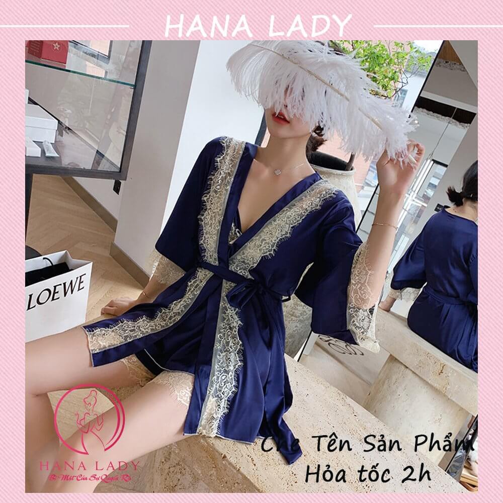 Bộ ngủ 2 dây kèm choàng phối ren lụa cao cấp VN464