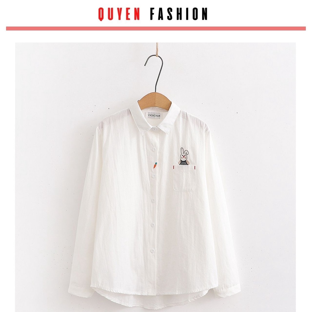 Áo sơ mi thêu hình Thỏ và cà rốt Quyên Fashion AA559 công sở basic màu trắng, kẻ
