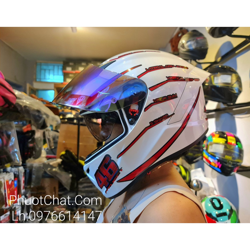 Nón bảo hiểm Fullface M266 2 kính màu trắng lên tem 46 đỏ