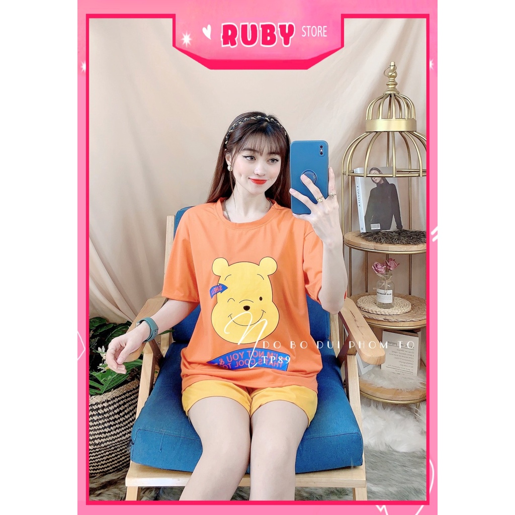 Đồ bộ nữ mặc nhà phom to chất thun mềm mát in hình gấu hoạt hình dễ thương Bộ thun đùi phom to TP89