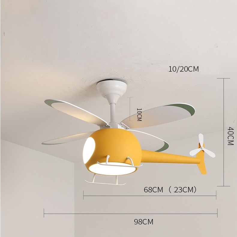 Quạt trần đèn trang trí phòng trẻ em hình máy bay trực thăng, động cơ AC 90W, độ ồn thấp, bảo hành 5 năm .