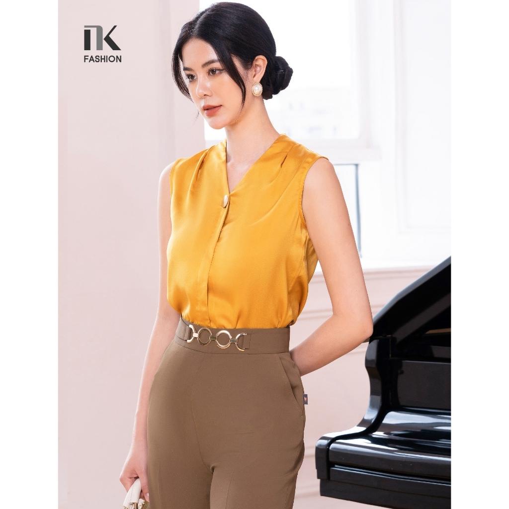Áo Sơ Mi Lụa Nữ NK Fashion Thiết Kế Sát Nách Xếp Vai Đính Khuy Tinh Tế, Chất Vải Mềm Nhẹ NKSM2204004