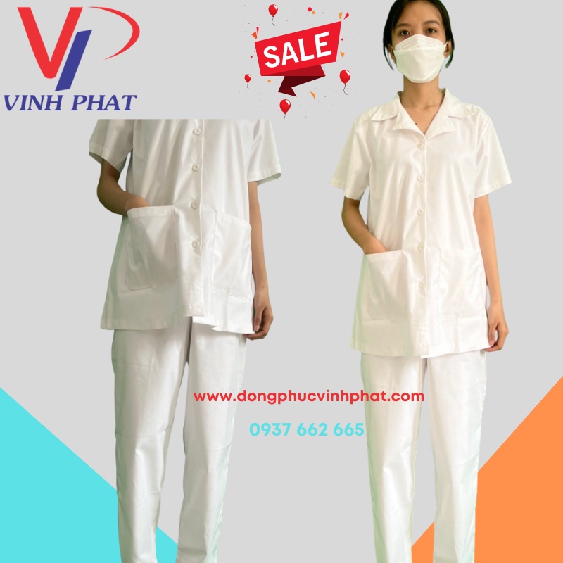 Bộ Quần Áo Blouse Trắng Ngắn Tay Nam Nữ Cổ Bẻ Vải Kaki Loai Tốt - Đồng Phục Y Tá, Dược Sĩ, Điều Dưỡng - Hình thật