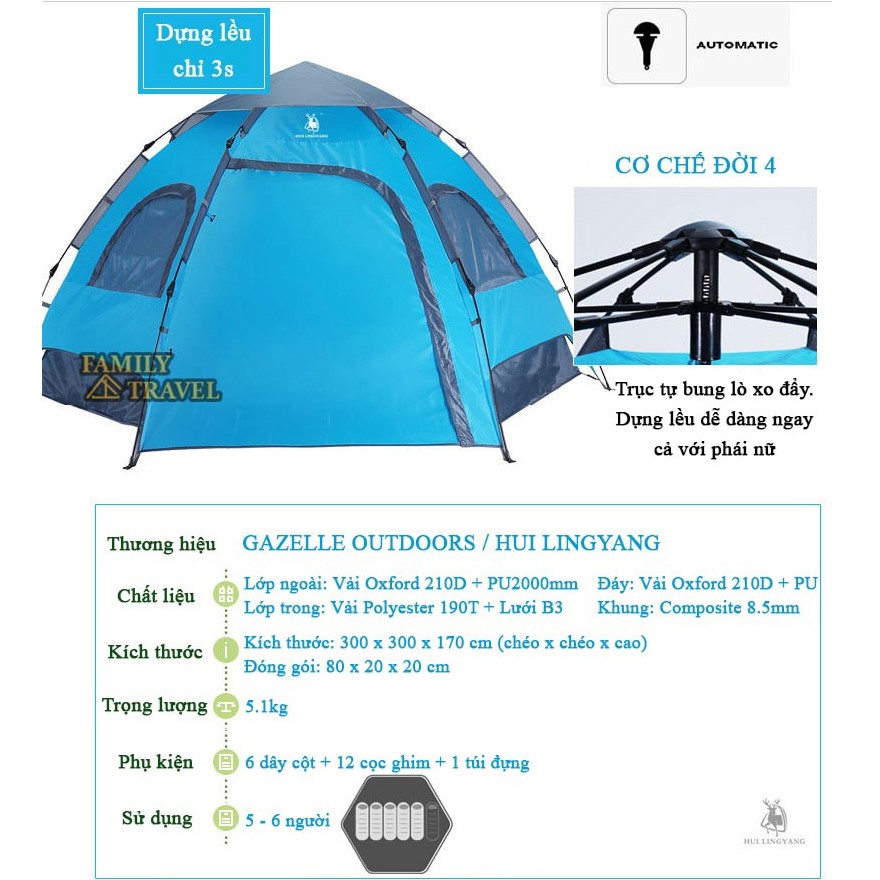 Lều dã ngoại tự bung 5-6 người Gazelle Outdoors GL1269- Lều du lịch, cắm trại 2 lớp- Family Travel