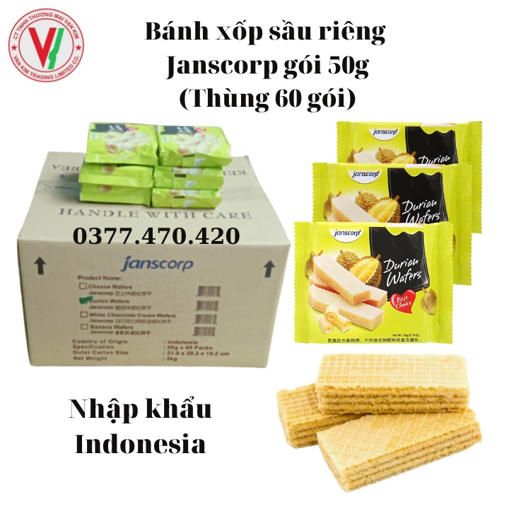 [Giá Tốt] Thùng 60 Bánh Xốp Sầu Riêng Janscorp Durian Wafers  50g - Thơm Ngon Giòn Tan Nhập Khẩu Indonesia