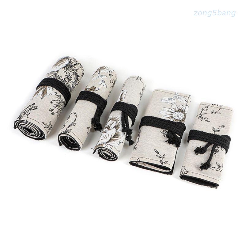 Túi vải bạt lăn đựng bút chì trang điểm 12/24/36/48/72 lỗ in hoa mẫu đơn