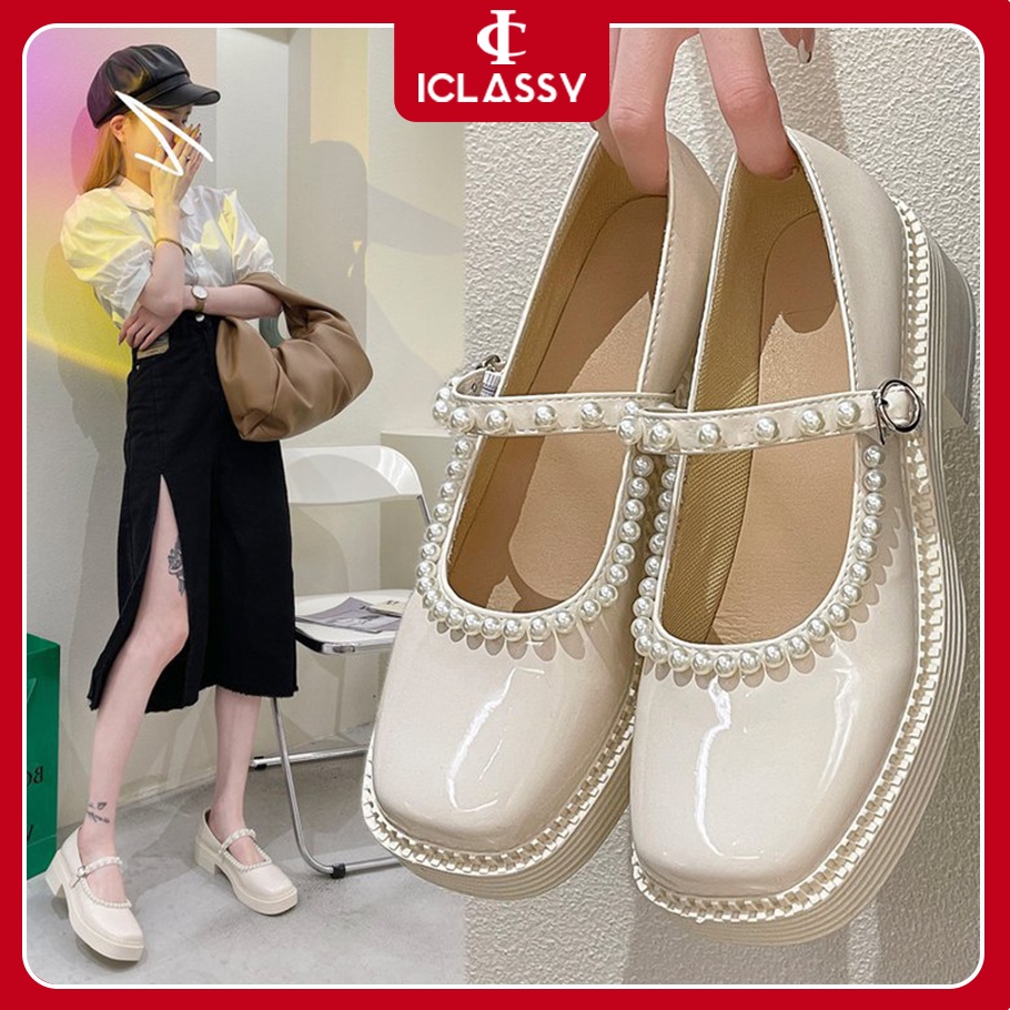 Giày Lolita Ulzzang Vintage, Giày Mary Jane Mũi Vuông Đính Ngọc Phần Viền Và Quai Đế Cao 5cm Hàn Quốc-Iclassy_shoes