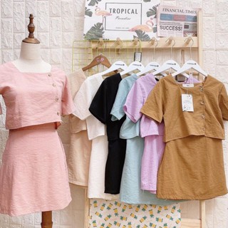 Set cổ vuông chân váy đũi trơn nhiều màu