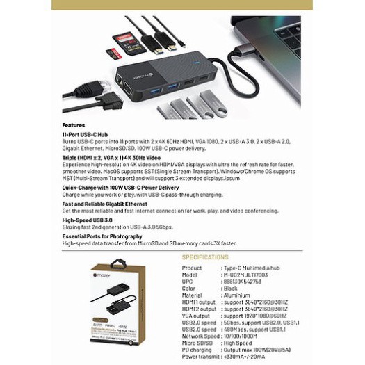 Cổng Chuyển Đổi Mazer Infinite.HUB Pro 11-in-1 USB-C to HDMI x2 RJ45 x1,VGA x1,SD Micro SD USB 3.0 x2 USB2.0 x1 BH 5năm