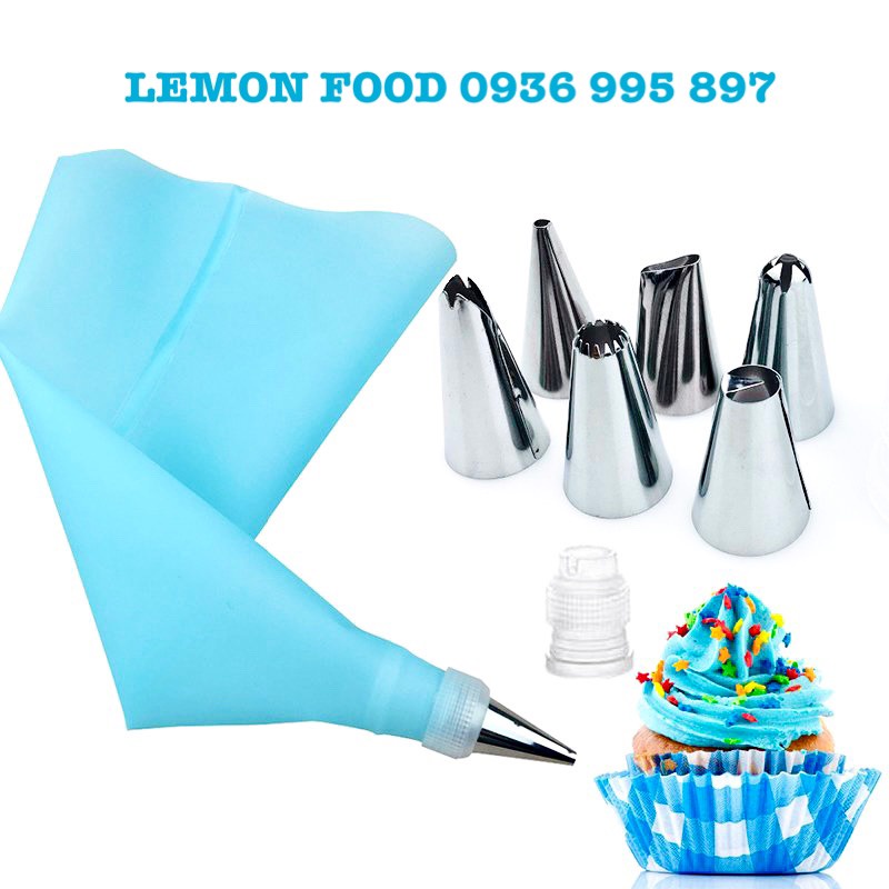 Bộ 6 đui bắt bông kem trang trí bánh kèm đầu nối và túi đựng kem silicone