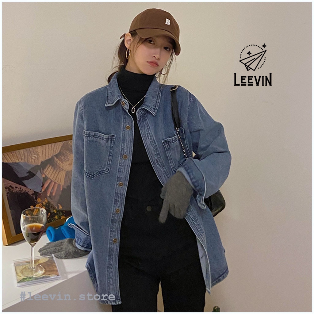 Áo Khoác Jean Nữ NICHE Unisex Form Rộng Ulzzang Cổ Áo Kiểu Polo Vải Màu Xanh Leevin Store