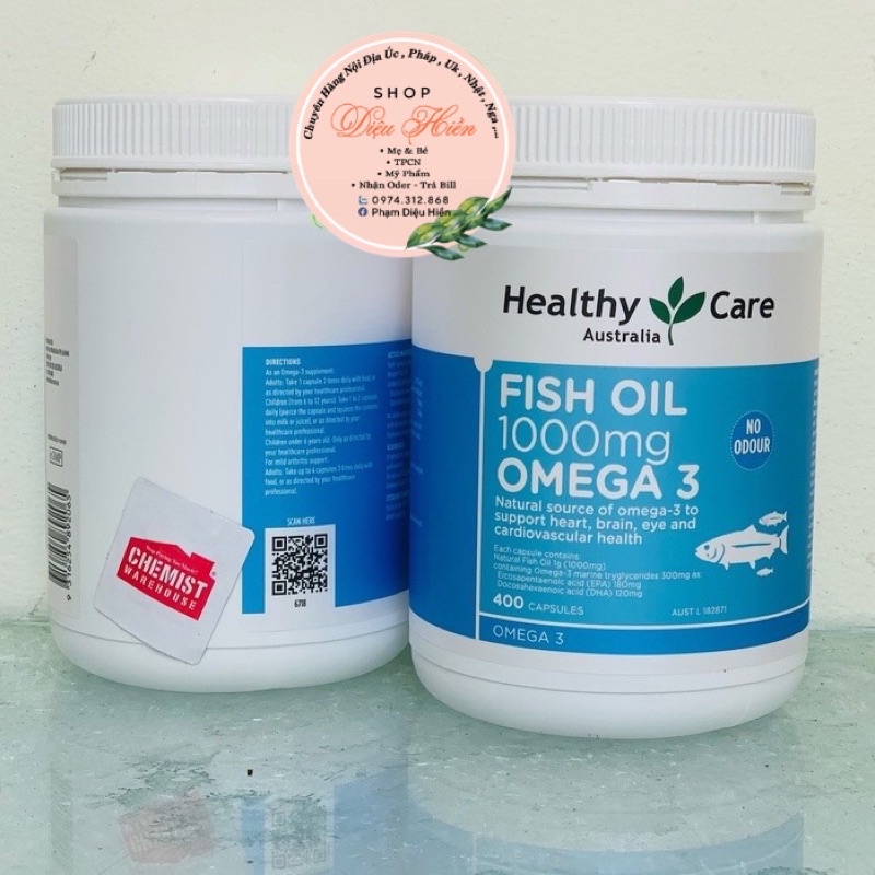 Dầu cá bổ sung omega 3 Healthy care Fish oil 1000mg Omega 3 400 viên