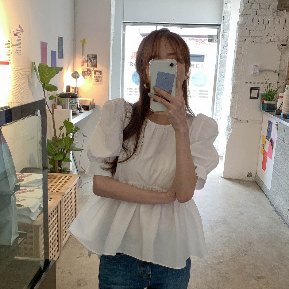 Áo kiểu nữ Tay bồng Búp bê Bánh bèo Ngắn tay Form rộng Màu trơn Retro Ulzzang Hàn Quốc Áo kiểu Tay phồng nữ Tiểu thư