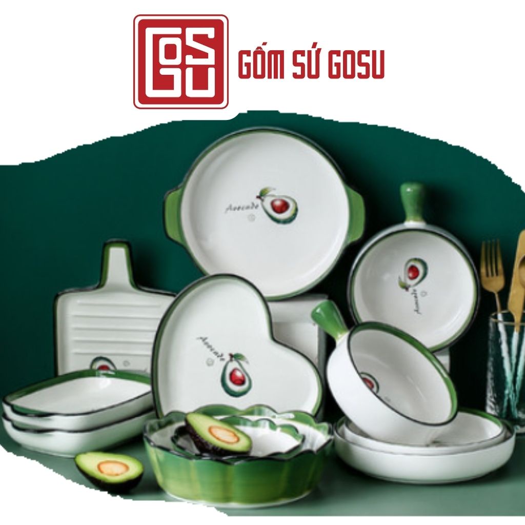 Chén Dĩa bát đĩa Gốm Sứ Gosu Cao Cấp Họa Tiết Quả Bơ Dễ Thương Men Sáng Dày Dặn