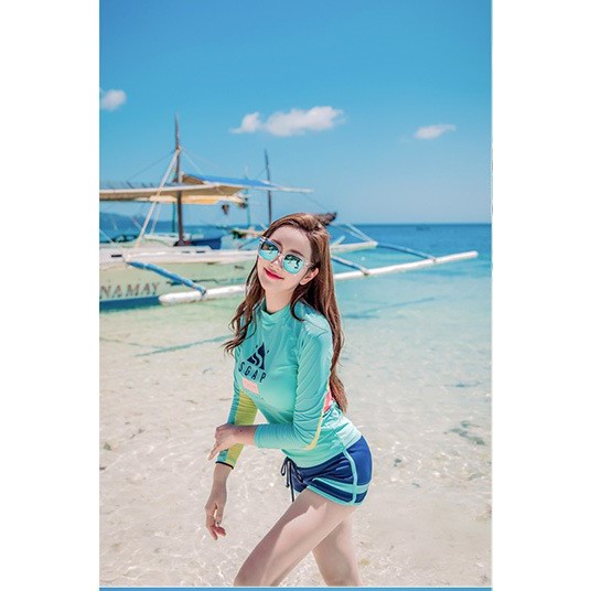 Đồ bơi tay dài nữ, xanh lá cây phối tay vàng 2 mảnh | BigBuy360 - bigbuy360.vn