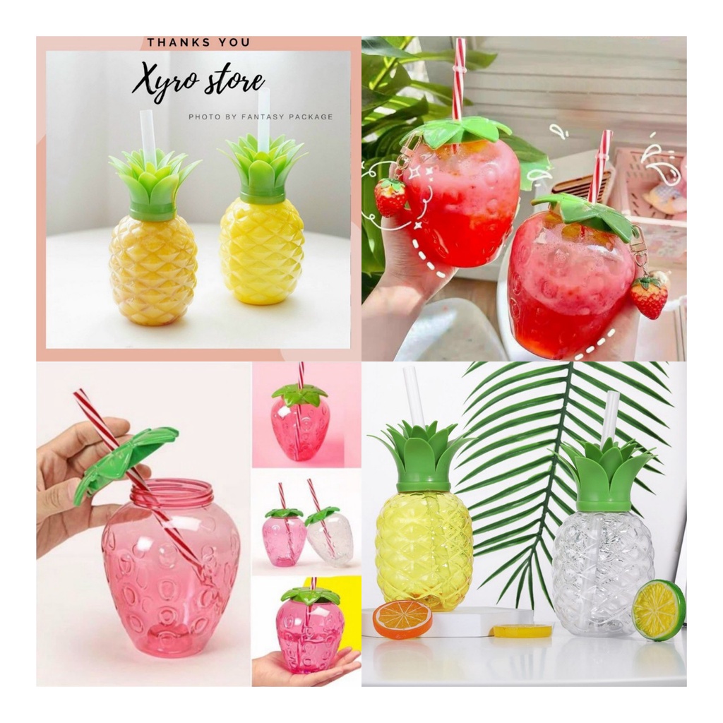 Ly uống nuốc trái dâu , cute kèm ống hút và móc khóa