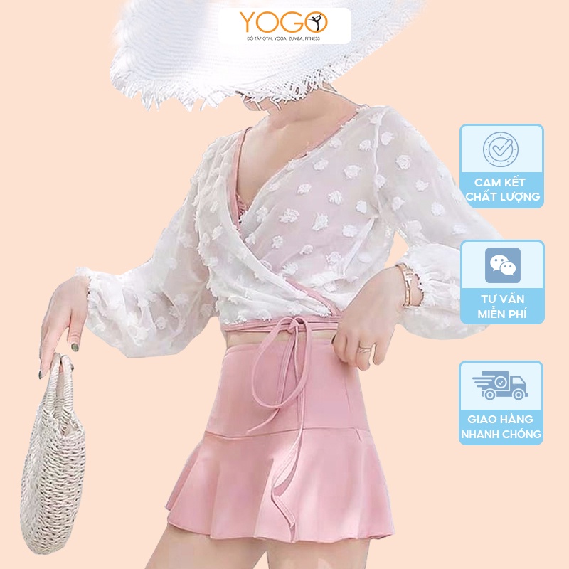 Bộ đồ bơi nữ 2 mảnh kèm áo choàng cardigan voan trắng phong cách Hàn Quốc trẻ trung mặc đi biển đi bơi mùa hè YOGO B133