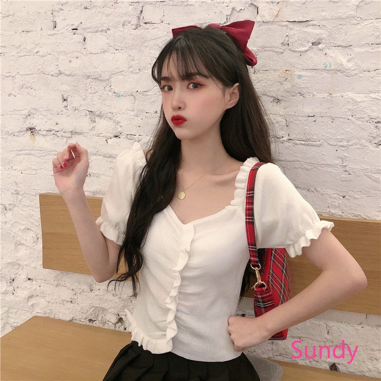 Áo Dệt Kim Cổ Chữ V Xếp Ly Màu Sắc Đơn Giản Phong Cách Hàn Quốc Cho Nữ