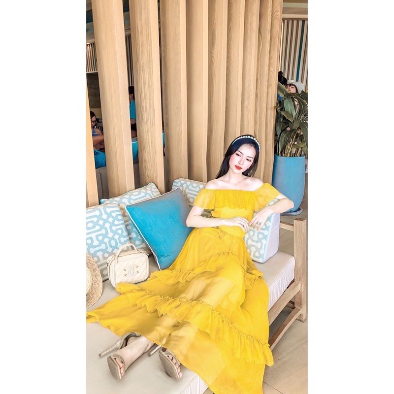 thanh lý váy vàng trễ vai bèo lệch mặc 1 lần chụp ảnh size M