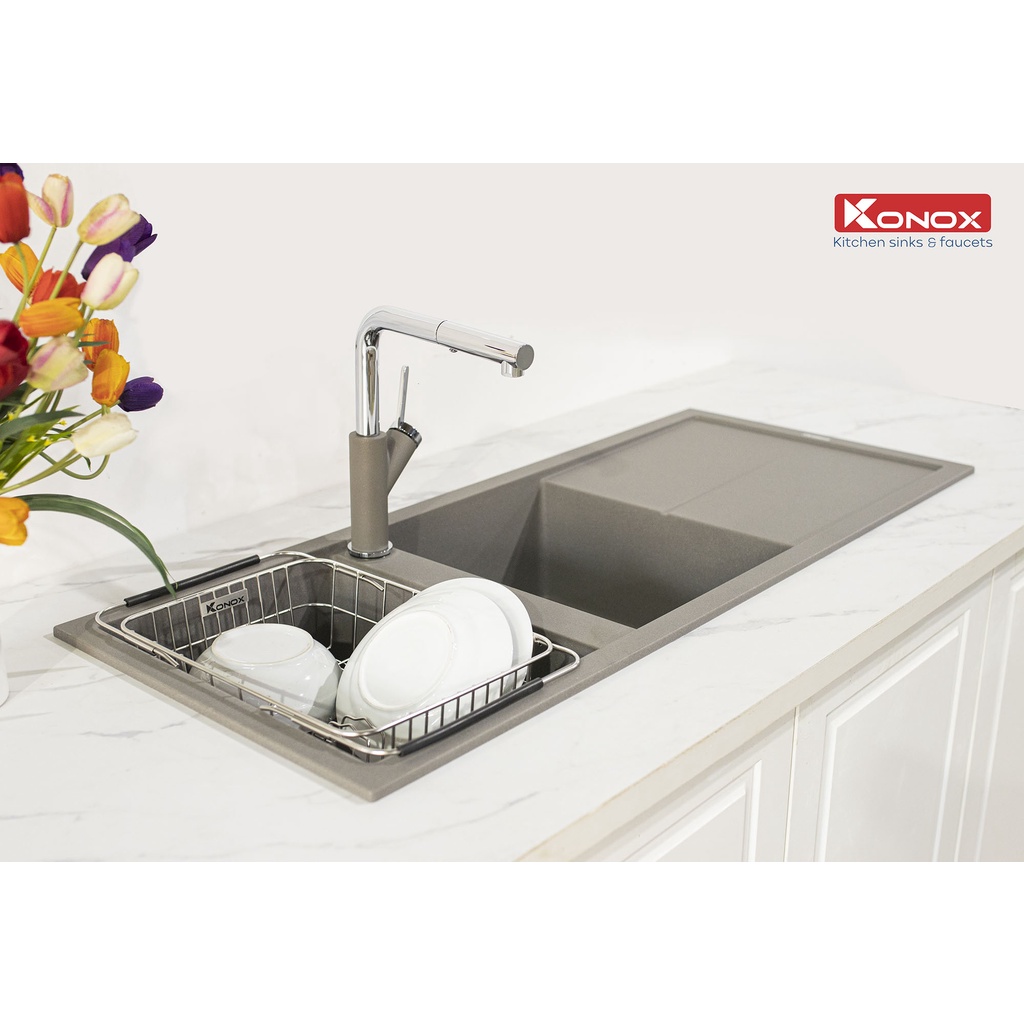 Chậu rửa bát đá KONOX Granite Series Livello 1160 Grey, Made in Italy, Full set gồm Siphon + Giá úp bát inox