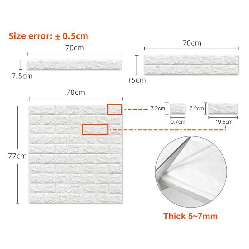 Xôp dán tường 3D giả gạch màu trắng 70 x 77 cm dày 5mm