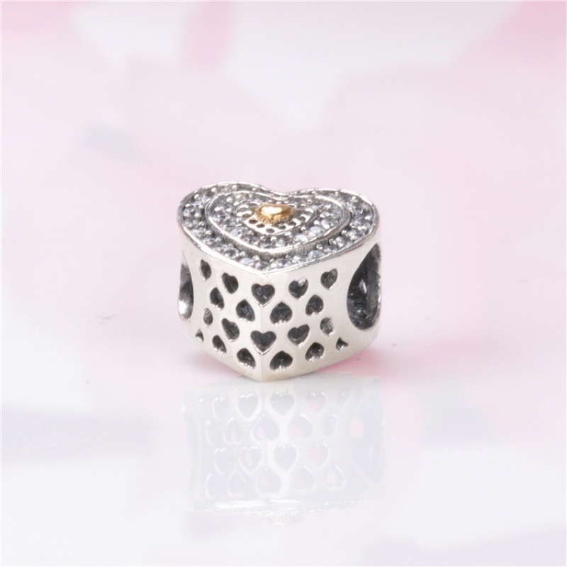 charm pan xỏ ngang tim đính đá trắng bạc s925