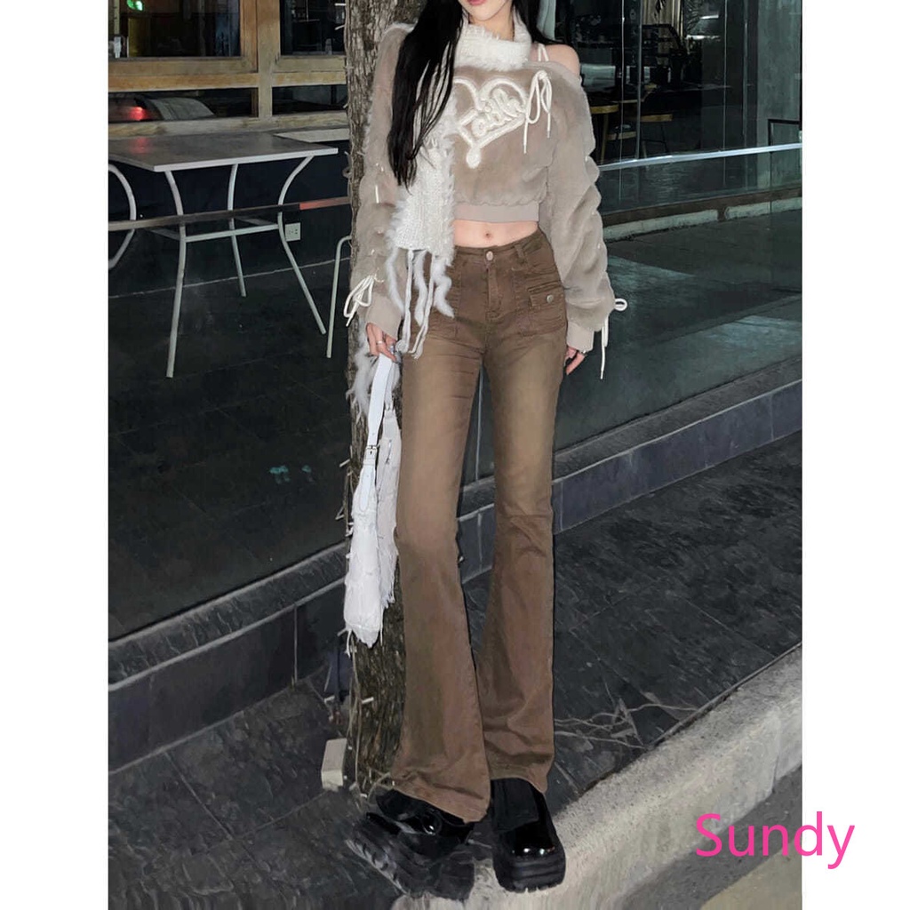 Quần Jean Dài Lưng Cao Màu Nâu Phong Cách Vintage Thời Trang Xuân Thu Cho Nữ