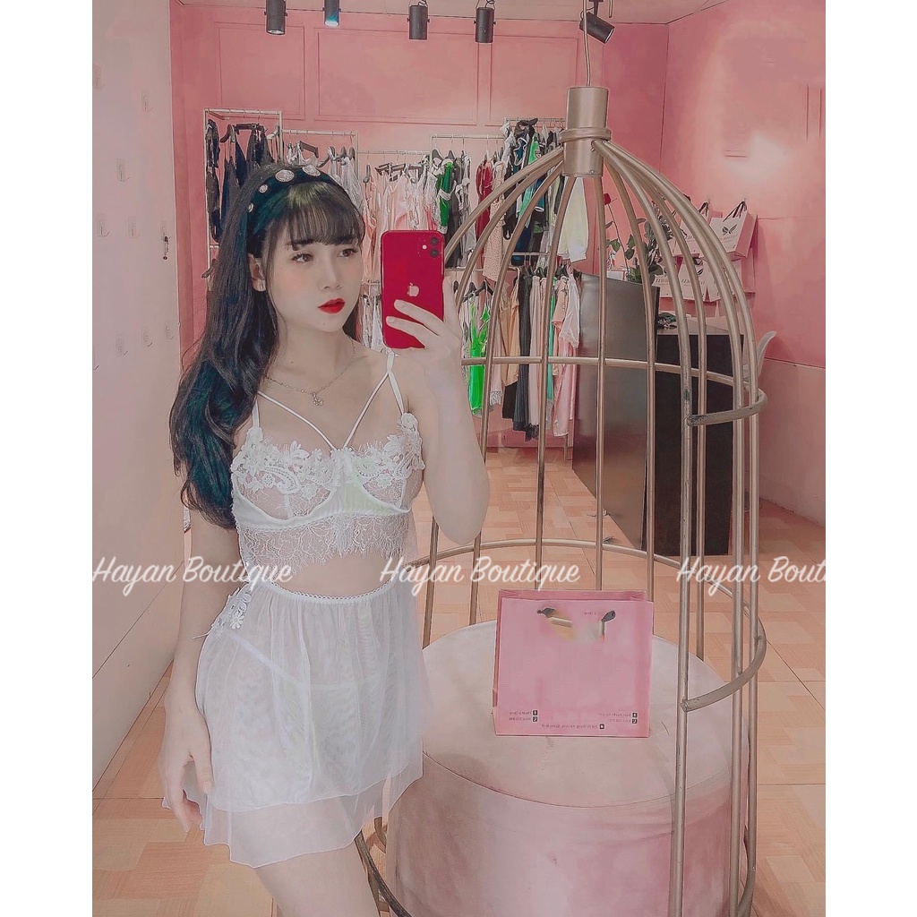 Váy ngủ sexy tiểu thư hoa nổi siêu xinh, váy ngủ lụa xuyên thấu gợi cảm QUẢNG CHÂU #HT69