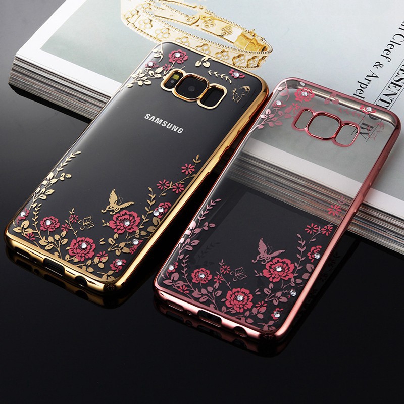 Samsung Galaxy J7 Prime / J7 Core Case Fashion Diamond Flower Rose Gold Silicone Clear Back Cover