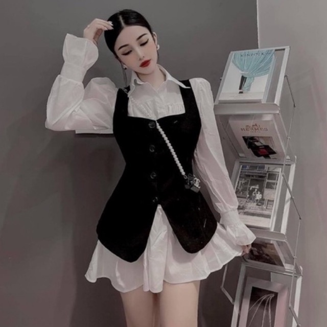 Set 2 món váy sơ mi tay bèo mix yếm gile siêu đẹp