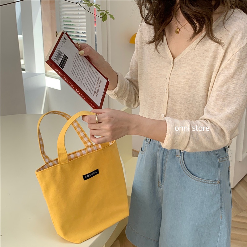 Túi xách vải canvas hai mặt họa tiết sọc caro