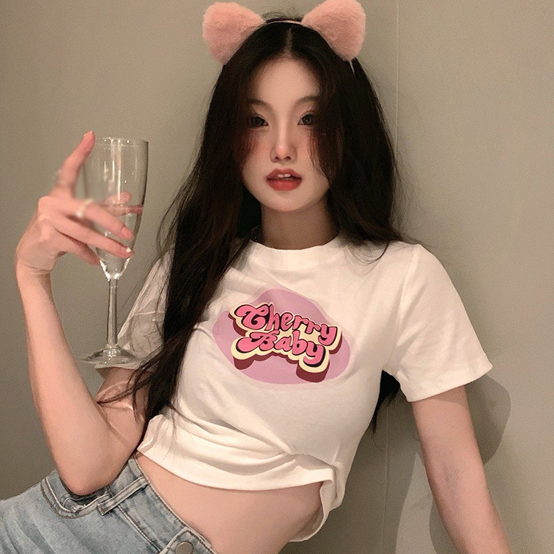 Áo Thun Croptop Tay Ngắn Cổ Tròn In Họa Tiết Ngọt Ngào Phong Cách Hàn Quốc Thời Trang Mùa Hè Cho Nữ