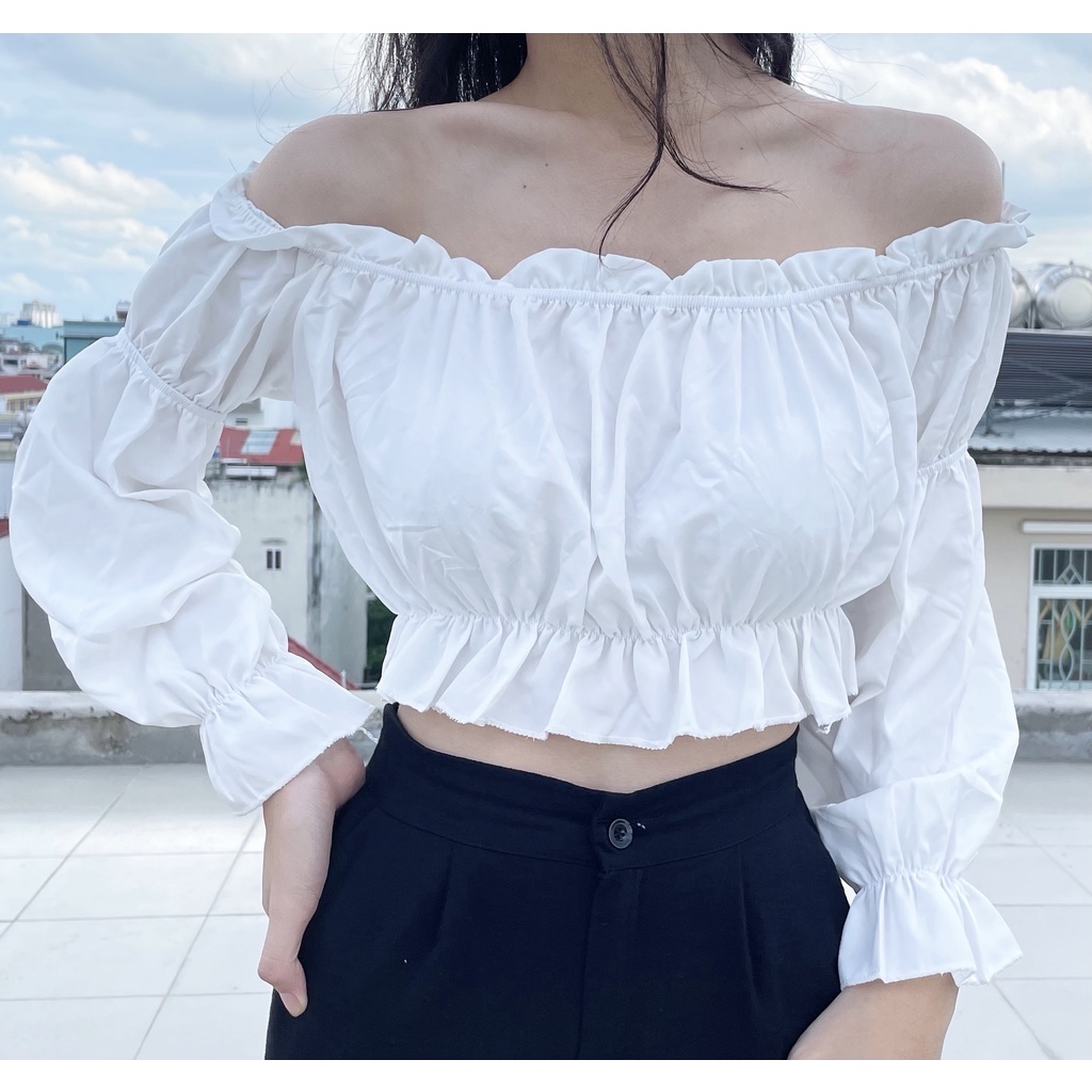 Áo trễ vai croptop tay dài chất dày dặn, Áo hở vai crptop nữ quây ngực kiểu dáng ulzzang Hàn Quốc C57 - Maoshop