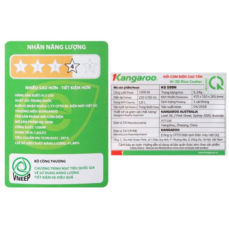 Nồi cơm điện cao tần Kangaroo 1.8 lít KG599N   hàng  trung  bầy  mới  97 đến  99%