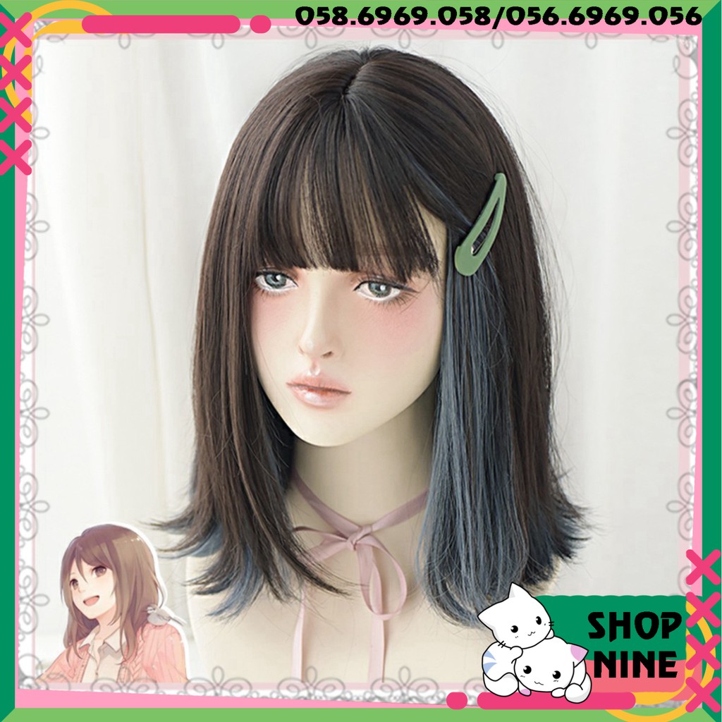 [Sẵn] Wig teen/lolita/cosplay M05 nâu pha xanh khói hai lớp (tóc giả nguyên đầu cúp ngang vai) tại MIU SHOP 09